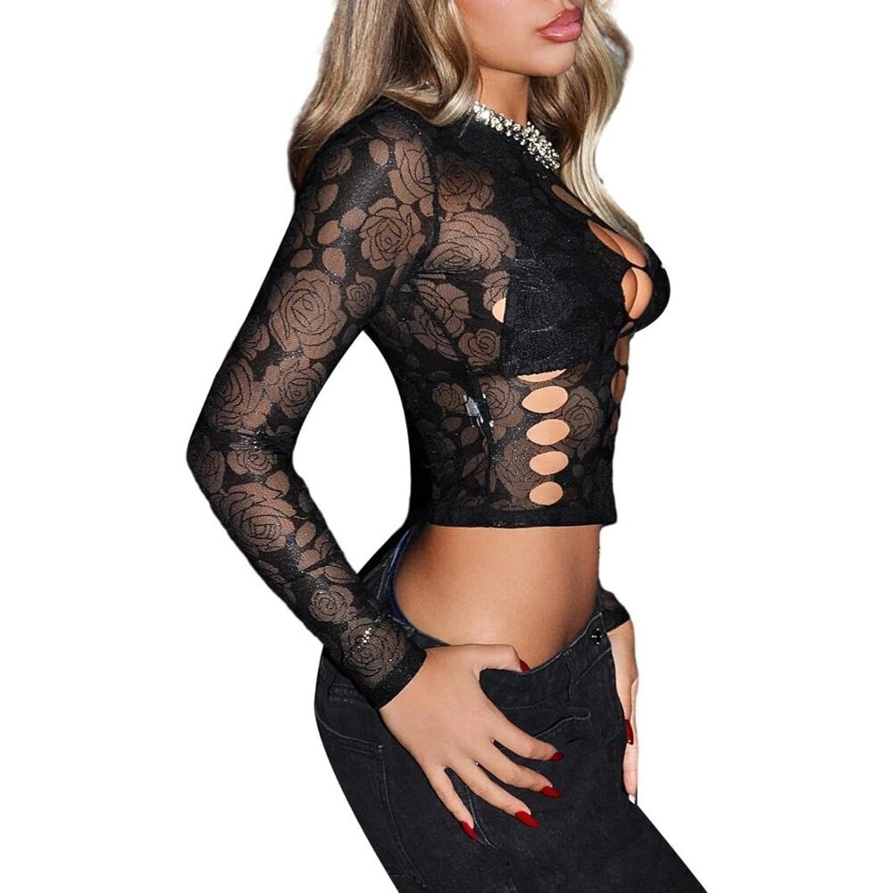 Women's Mesh Crop Top Floral Cut Out Sheer Rave Party Streetwear Medium - Picture 2 of 5